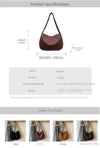 Detailed dimensions and color options for the large suede tote bag with strap specs