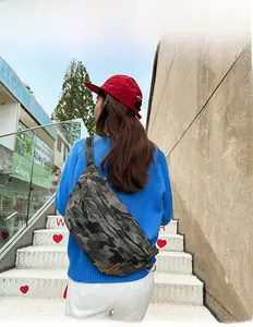 Macro detail of camouflage crossbody bag with durable canvas and adjustable strap