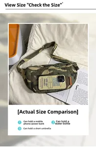 Detailed view of the camouflage cross-body bag showing capacity for a smartphone