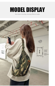 Detail of camouflage crossbody bag showing adjustable metal buckle and canvas texture on strap