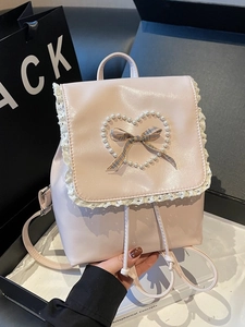 Damen Süßer Mini Rucksack Mit Spitzenbesatz Künstliche Perlenherz Karoschleife PU Leder Mode Kleiner Eimer Beutel Für Täglich Reise Freizeit