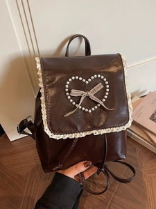 Brauner PU-Leder-Minirucksack mit Spitzenbesatz, Perlenherz und karierter Schleife