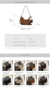 Detailed size specifications and color comparison of the elegant chain baguette bag