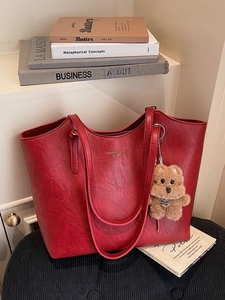 Retro red large capacity tote bag in textured faux leather with brown bear charm