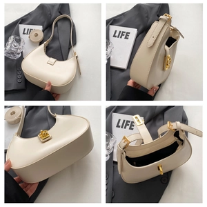 Detailed views of a beige crescent underarm bag featuring a gold metal clasp and adjustable strap