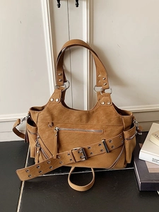 Women Vintage PU Leather Shoulder Bag Rivet Punk Style Large Capacity Tote Crossbody Bag Multi Zippers Street Handbag