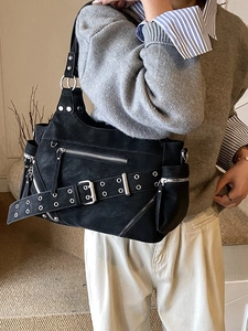 Women black punk style crossbody bucket bag with rivets and silver hardware accents