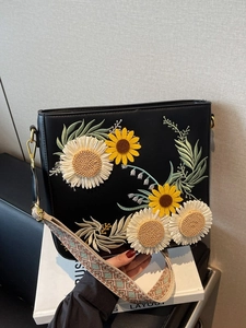 Elegant black square shoulder bag with vintage sunflower embroidery and wide floral strap