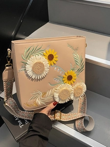 Elegant beige floral embroidery square shoulder bag with colorful sunflower patterns