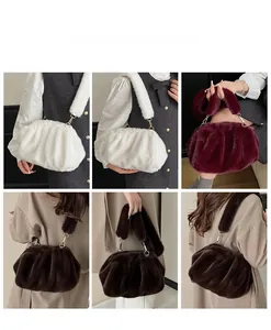 Plush faux fur cloud bags in white, burgundy, and coffee colors with wide furry straps