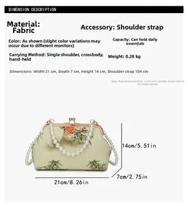 Guía de tallas detallada y dimensiones del bolso de noche floral con asa de perlas