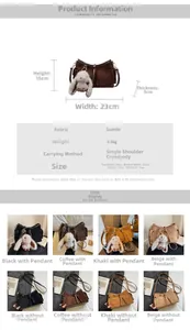 Detail specifications of suede baguette bag including dimensions and color options