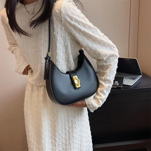 Women Minimalist Synthetic Leather Hobo Shoulder Bag Gold Metal Lock Crescent Underarm Bag For Daily Outing Commuting Casual Style