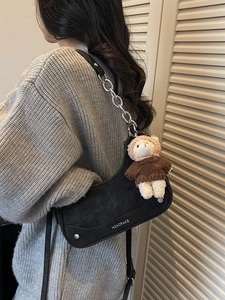 Retro black crescent moon bag with metal chain strap and cute bear plush pendant