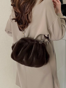 Brown faux fur cloud bag with pleats and gold hardware for autumn and winter styles