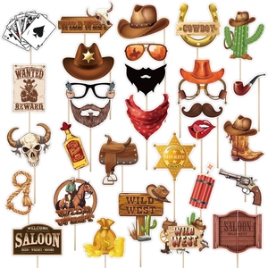 20pcs Western Cowboy photo booth props with hats and sheriff badges for themed parties