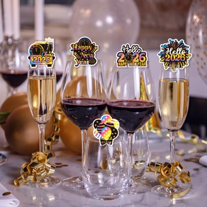 Rainbow glitter 2026 New Year party wine glass cards with clock and balloon designs