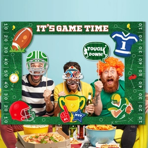 Rugby party photo booth props kit with football frame for Super Bowl game day fun