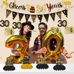 Deko-Set zum 30. Geburtstag in Schwarz und Gold mit Ballons, Bannern und Tischdekoration