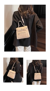 Three-view perspective of a beige vintage crossbody bag showing structured shape and strap