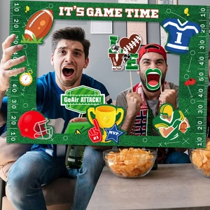 Rugby theme party photo booth frame and props kit featuring helmet and trophy items