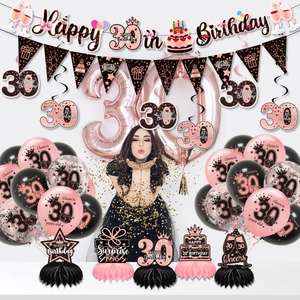Set decorazioni 30 compleanno rosa e nero con palloncini e striscioni festivi