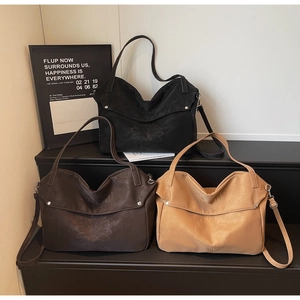 Retro large tote bag with daisy embroidery in black, brown, and khaki leather options