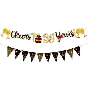 Cheers To 30 Years Geburtstagsbanner-Set mit gold-schwarzen Wimpelketten aus Karton