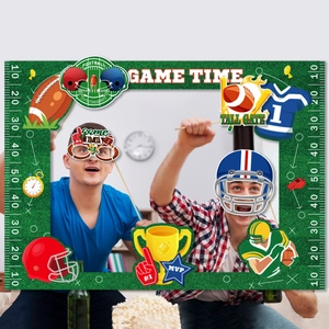 Rugby party photo booth props with game time frame and sports accessories for Super Bowl events