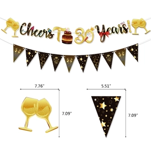 Schwarz-goldenes Banner-Set zum 30. Geburtstag mit Cheers To 30 Years Schriftzug