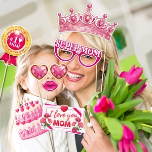 Funny Mother's Day photo booth props set with crowns and glasses for family party
