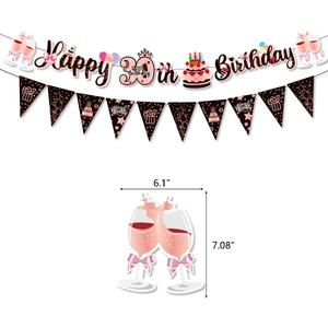 Kit striscione 30° compleanno rosa e oro con decorazioni di champagne e palloncini