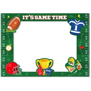 Football party photo booth frame with green turf design and sports icons for Super Bowl events