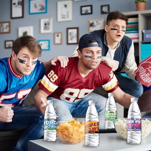 Detail of football themed water bottle labels showing Touch Down and Super Bowl text
