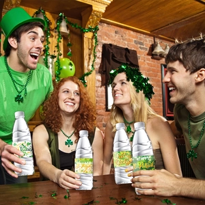 St. Patrick's Day water bottle labels with green clover and festive party greetings
