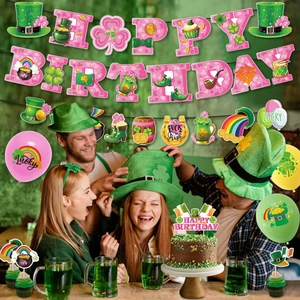 Detailed view of St. Patrick's Day party decorations with banner, toppers and balloons