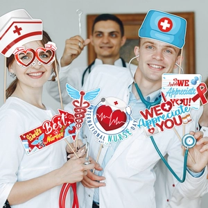 Nurses Day party props including stethoscopes and nurse hats for festive photo booth fun