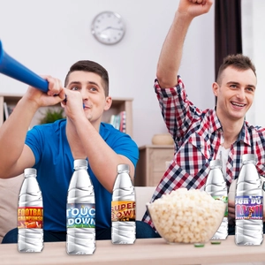 Water bottle stickers for American football parties featuring Super Bowl themed designs