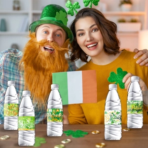 St. Patrick's Day water bottle labels with green shamrock designs for party decor