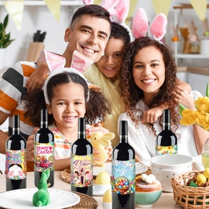 5-pack Easter wine bottle stickers with bunnies and eggs for holiday party decor