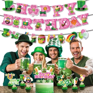 St. Patrick's Day party set featuring Happy Birthday banner, cake toppers and lucky clovers