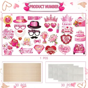 Mother's Day party photo booth props kit with 30 pink floral cardstock cutouts and sticks