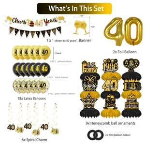Detaillierte Set-Komponenten der schwarz-goldenen 40. Geburtstag Party Dekoration