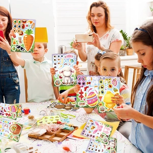 Children creating DIY Easter party stickers with colorful eggs, chicks and bunnies