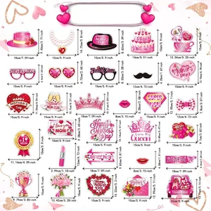 Size chart for 28 Mother's Day party photo booth props with detailed cm and inch measures