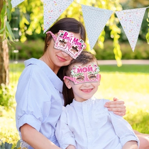 Mother's Day themed paper party glasses featuring Best Mom and flower designs