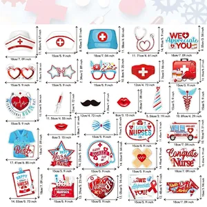 Size chart for 25 Nurse Day photo booth props including hats and medical tools