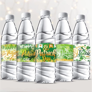 Five-piece St. Patrick's Day water bottle labels with green shamrocks and gold coins