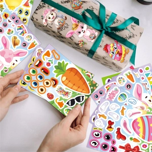 Easter cartoon stickers set with cute rabbits, eggs and chicks for DIY holiday decoration