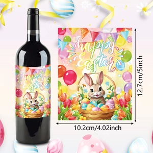Easter wine bottle label sticker with Happy Easter bunny design and festive tulip graphics